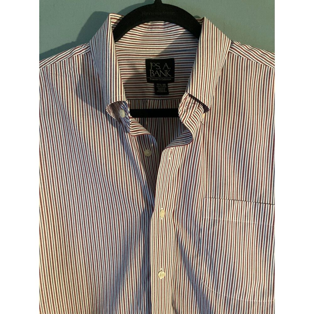 Jos A. Bank Traveler's collection burgundy/navy strip long sleeve shirt 17.5